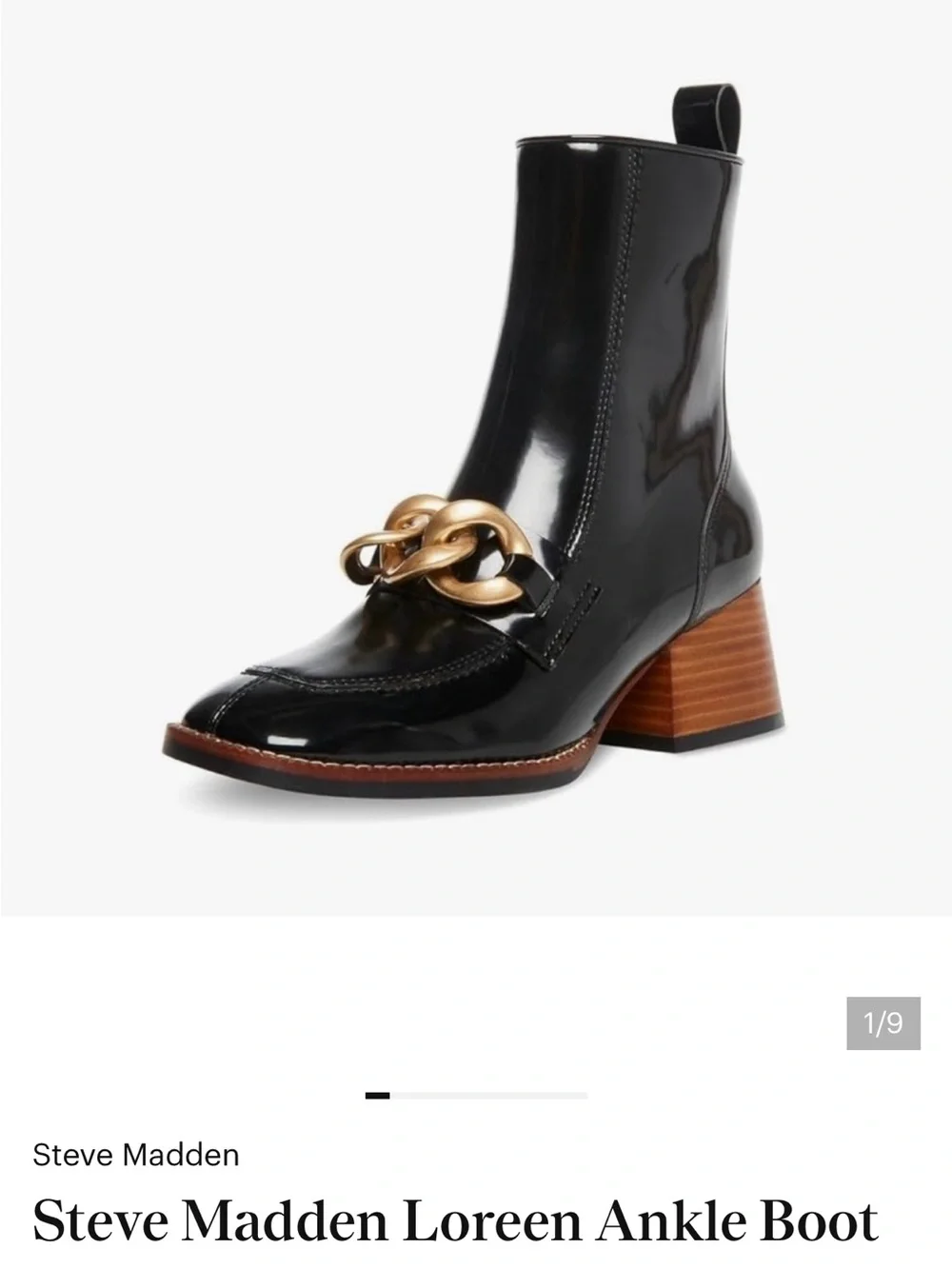 NWT Steve Madden Black Patent Ankle Boots with Gold Chain NWT on box